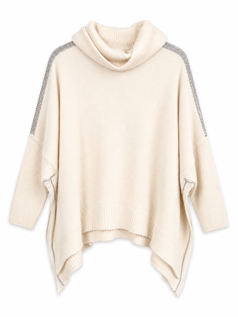 NWT Chico's Ball Chain Trim Poncho Sweater Cream Off White Cowl Neck S/M